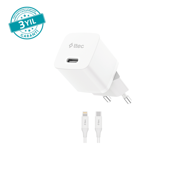 ttec SmartCharger GAN 30W PD Seyahat Hızlı Şarj Aleti + USB-C - Lightning 150cm Kablo
