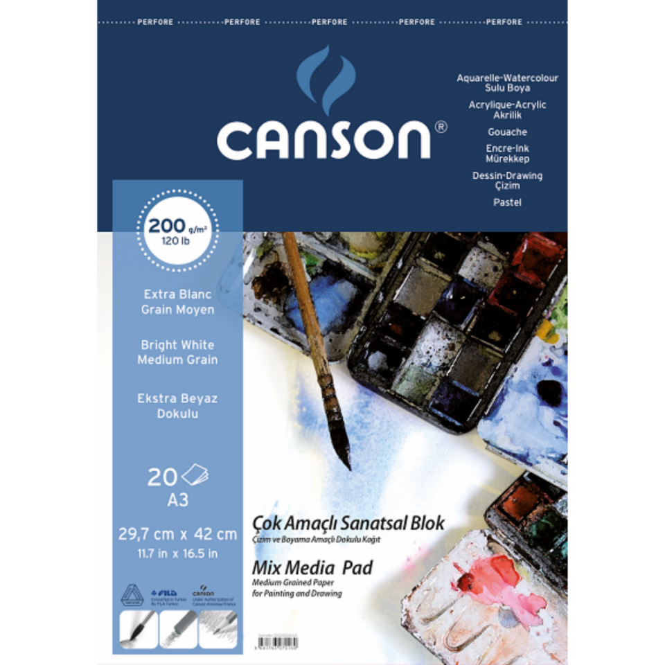Canson Fineface Çok Amaçlı Resim Bloğu 200 gr A3 20 Yaprak Üstten Spiralli