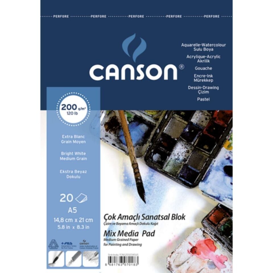 Canson Fineface Çok Amaçlı Resim Bloğu 200 gr A5 20 Yaprak Üstten Spiralli