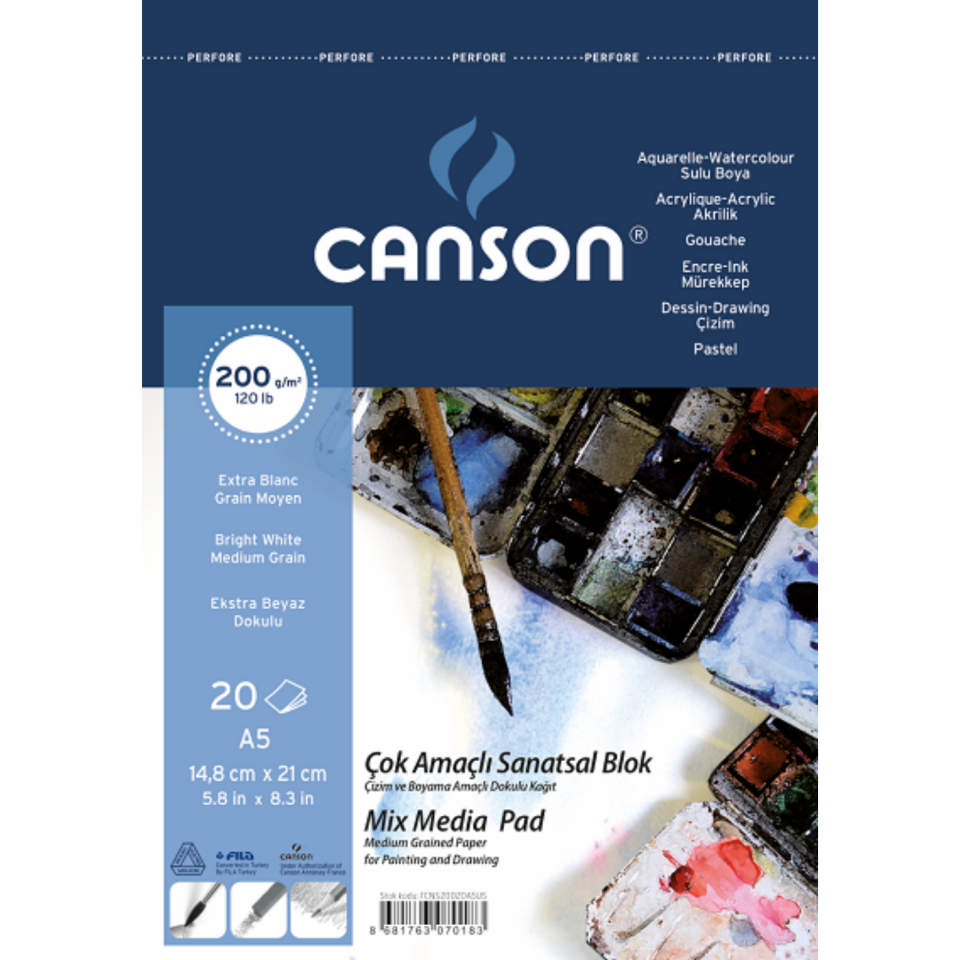 Canson Fineface Çok Amaçlı Resim Bloğu 200 gr A5 20 Yaprak Üstten Spiralli