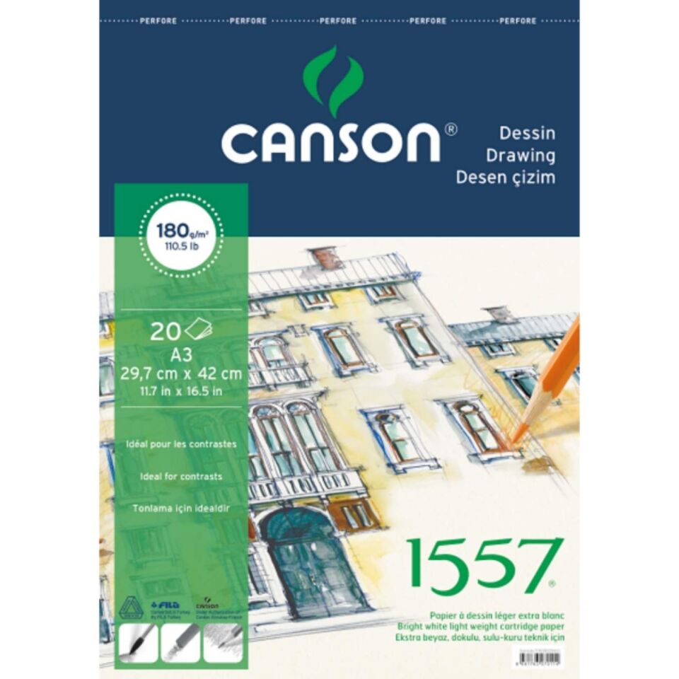 Canson 1557 Resim ve Çizim Bloğu 180 gr A3 20 Yaprak Üstten Spiralli