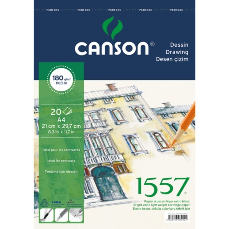 Canson 1557 Resim ve Çizim Bloğu 180 gr A4 20 Yaprak Üstten Spiralli