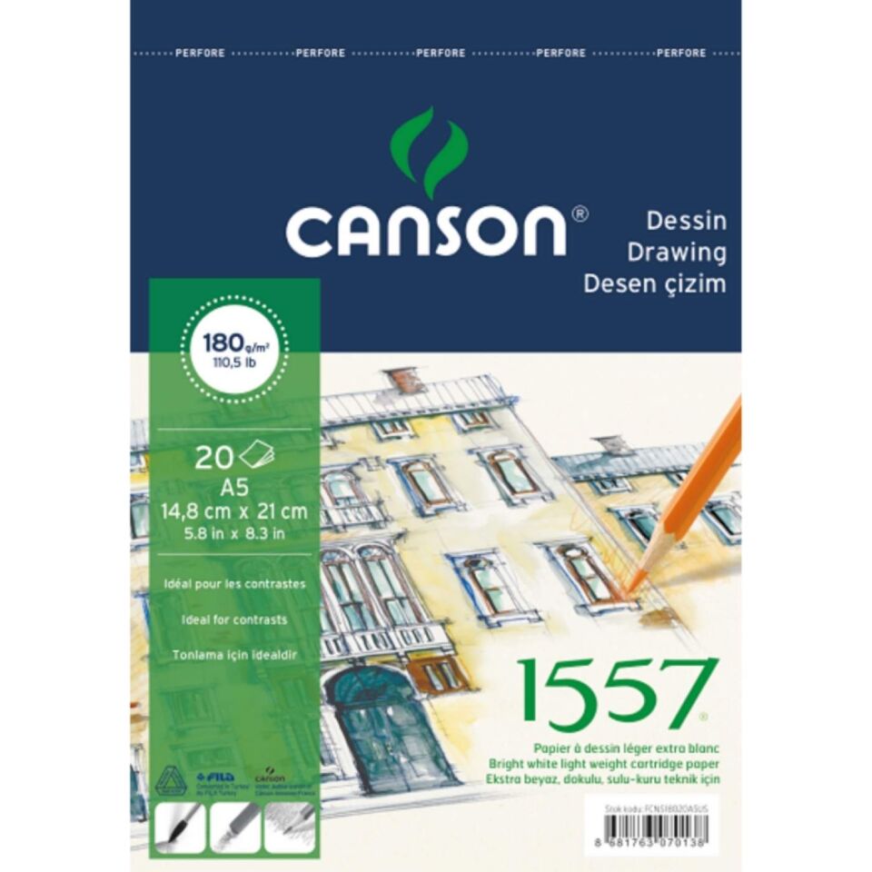Canson 1557 Resim ve Çizim Bloğu 180 gr A5 20 Yaprak Üstten Spiralli