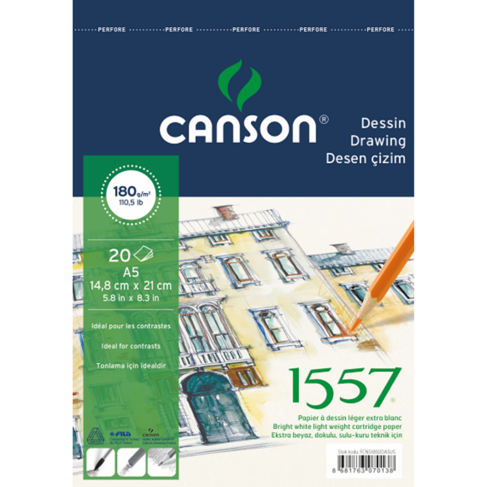 Canson 1557 Resim ve Çizim Bloğu 180 gr A5 20 Yaprak Üstten Spiralli