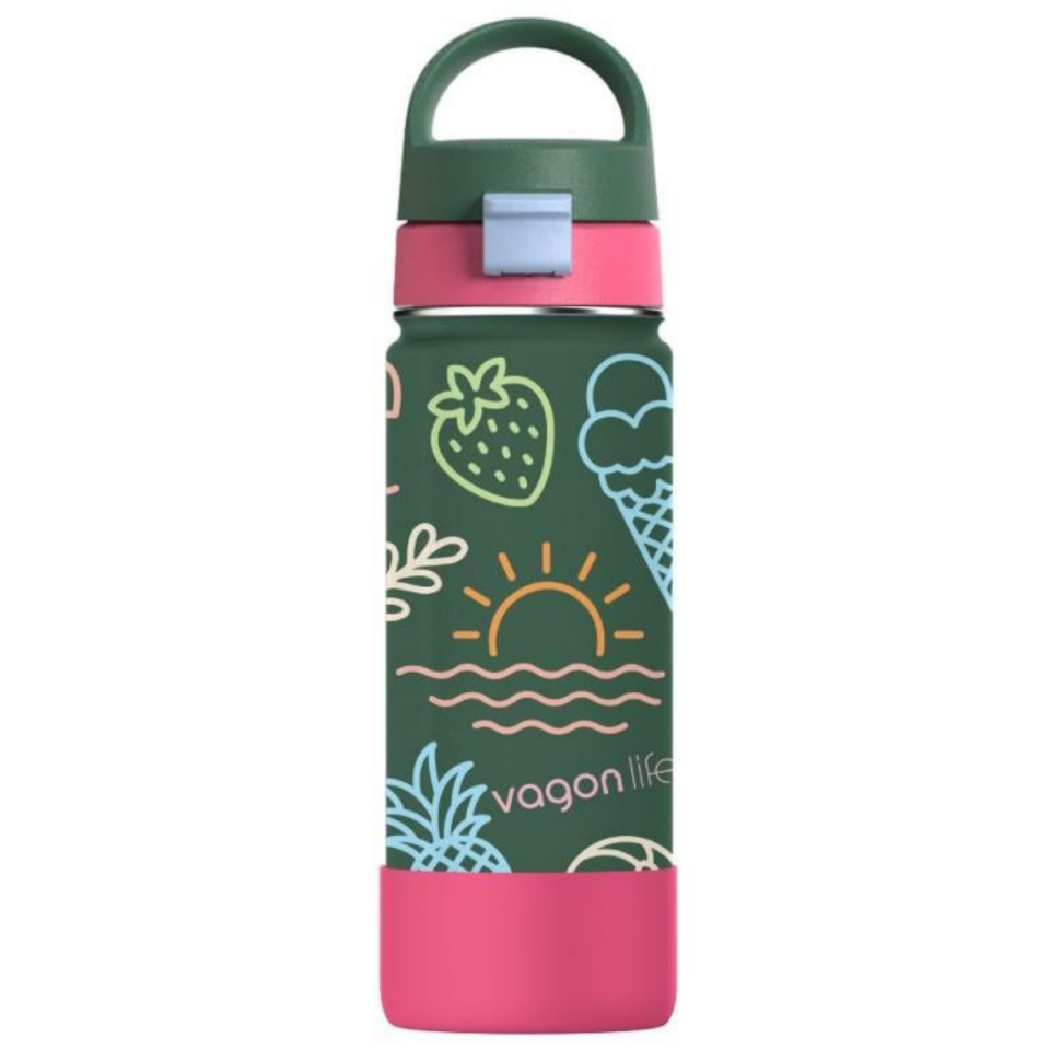 Vagonlife 1109 Desenli Tek Kapak Çift Kullanım Pipetli Kulplu Çelik Termos 550 ml Pembe
