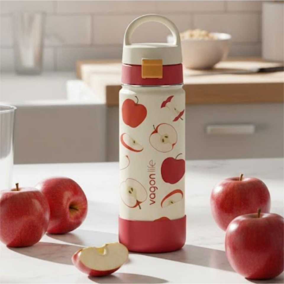 Vagonlife 1109 Desenli Tek Kapak Çift Kullanım Pipetli Kulplu Çelik Termos 550 ml Ekru