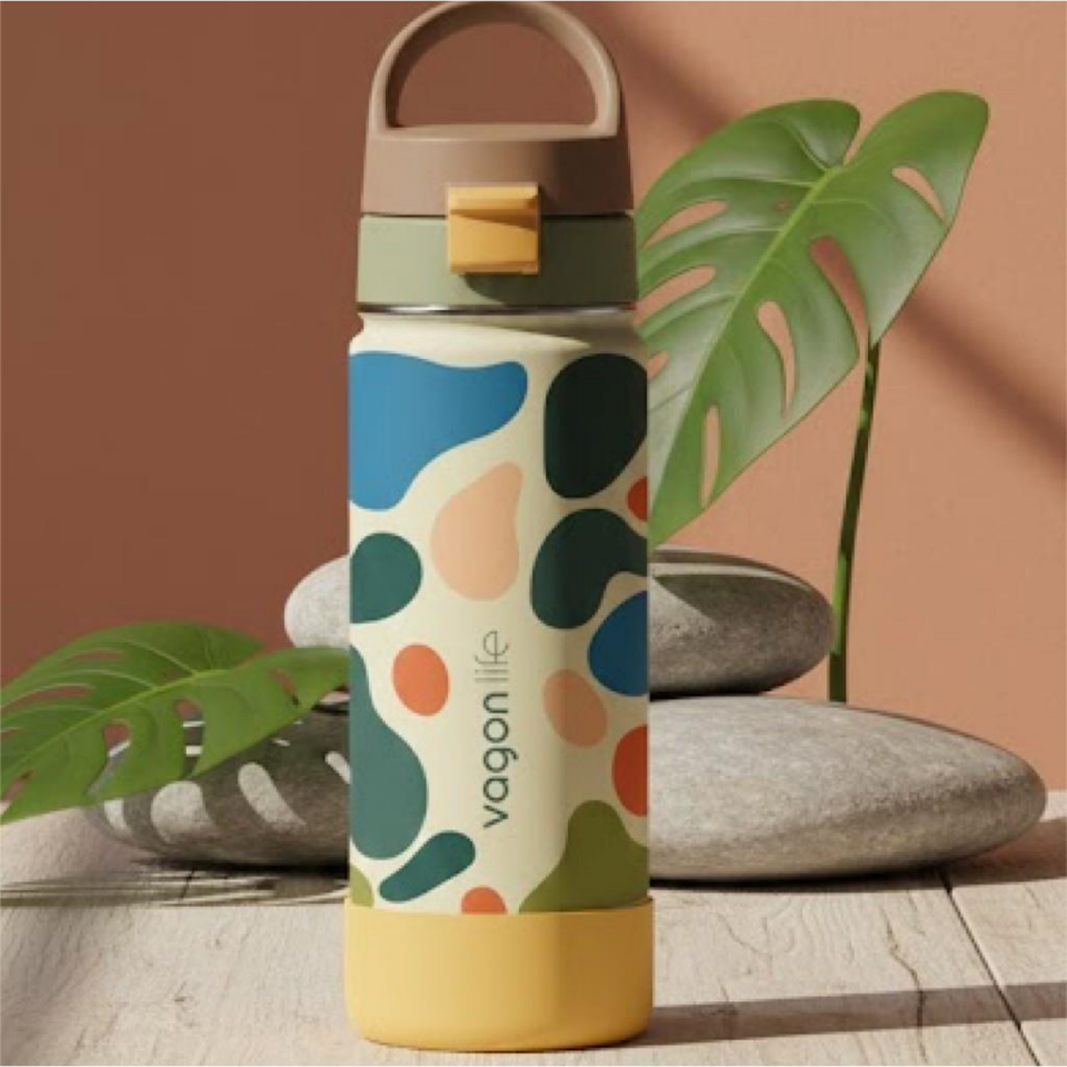 Vagonlife 1109 Desenli Tek Kapak Çift Kullanım Pipetli Kulplu Çelik Termos 550 ml Ekru