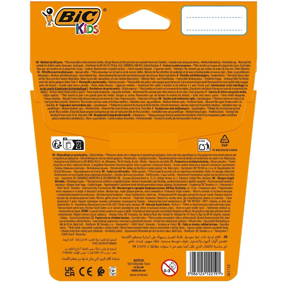 Bic 301696 Cosmo Keçeli Boya Kalemi 12 Renk (6 Standart + 3 Pastel + 3 Neon)