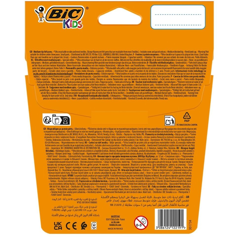 Bic 301696 Cosmo Keçeli Boya Kalemi 12 Renk (6 Standart + 3 Pastel + 3 Neon)