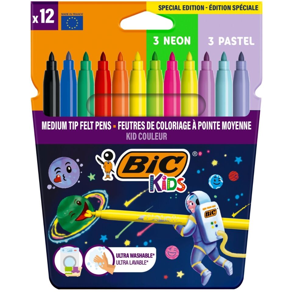 Bic 301696 Cosmo Keçeli Boya Kalemi 12 Renk (6 Standart + 3 Pastel + 3 Neon)