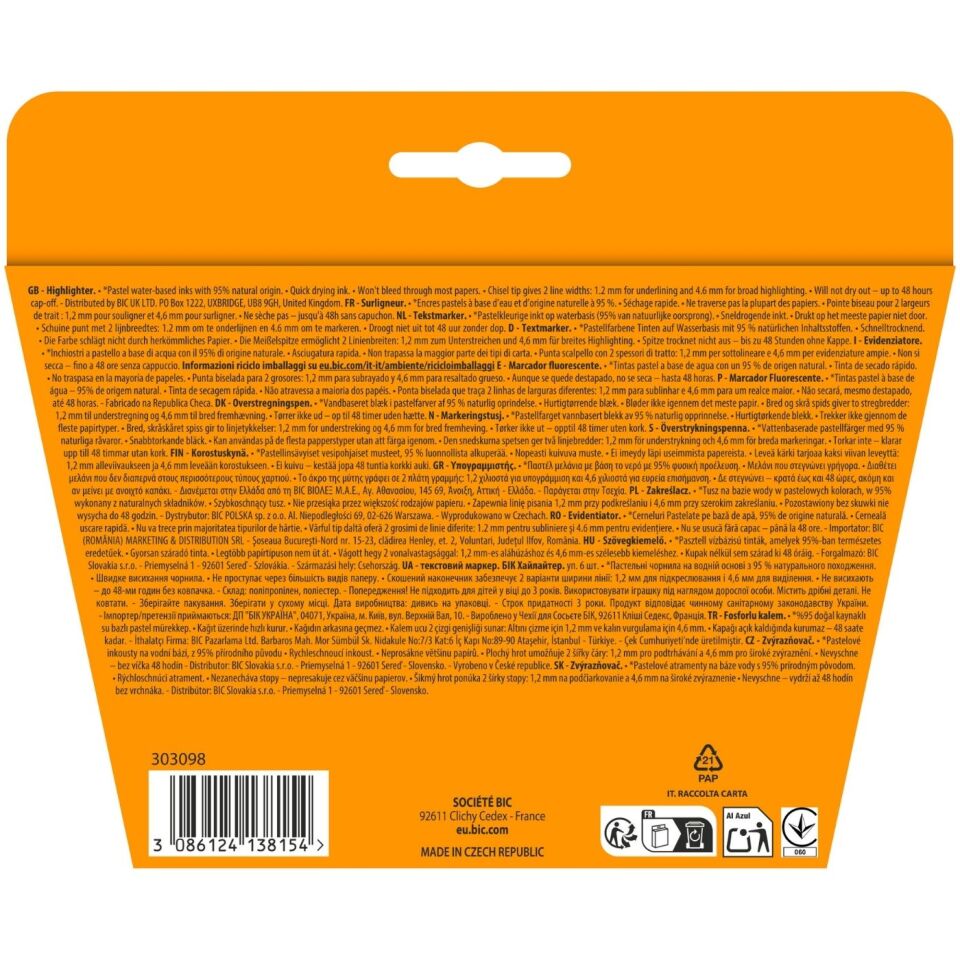 Bic 302809 Highlighter Flat Fosforlu Kalem Pastel  6'lı
