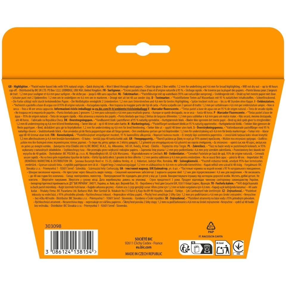 Bic 302809 Highlighter Flat Fosforlu Kalem Pastel  6'lı