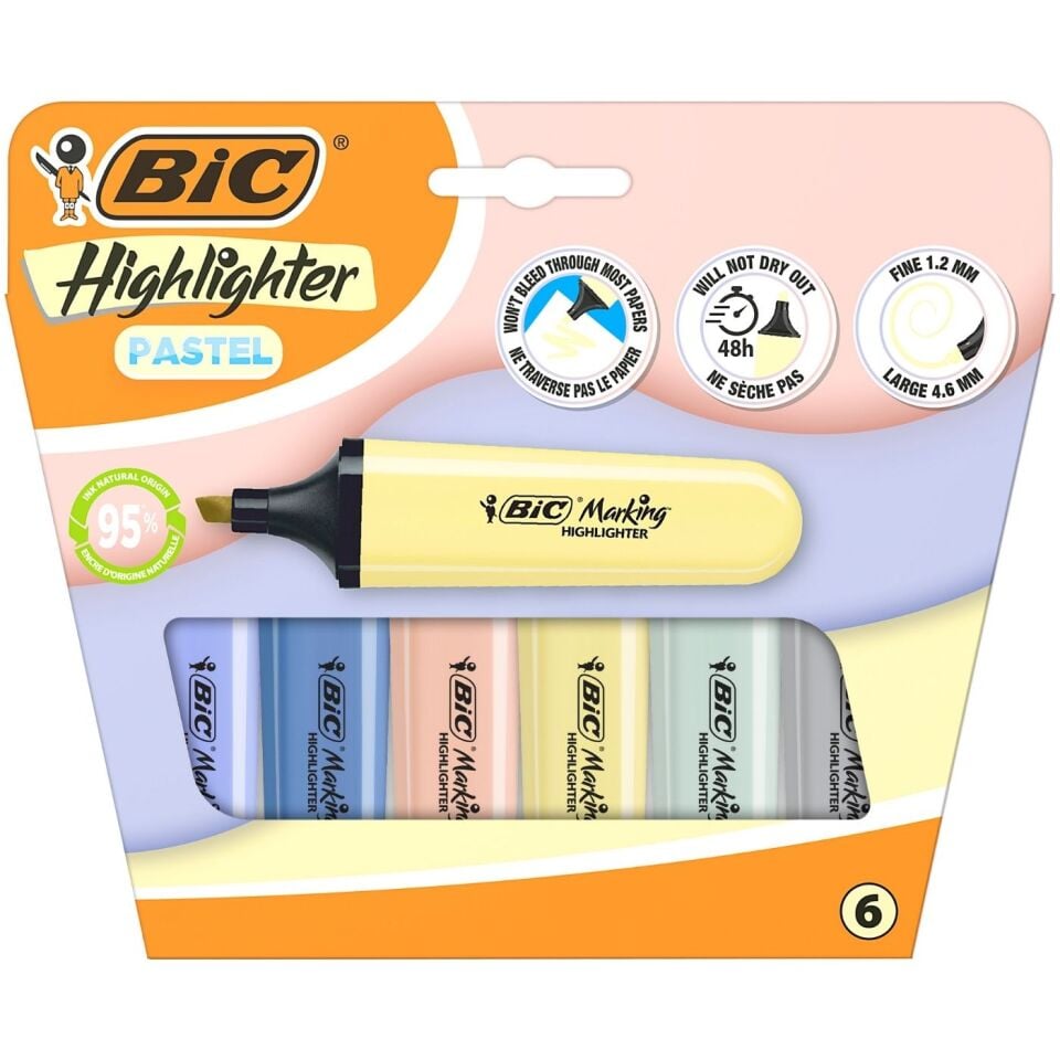 Bic 302809 Highlighter Flat Fosforlu Kalem Pastel  6'lı
