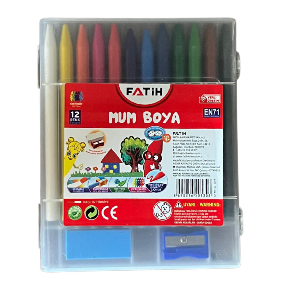 Fatih 50130 Mum Boya Uzun 12 Renk Silgi + Kalemtıraş 2026