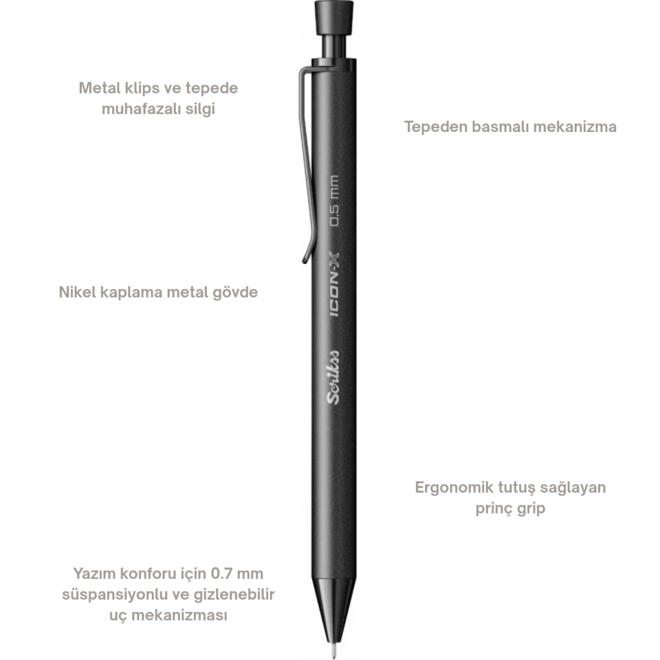 Scrikss Icon-X Metal Mekanik Kurşun Kalem 0,7 Mm Mat Siyah