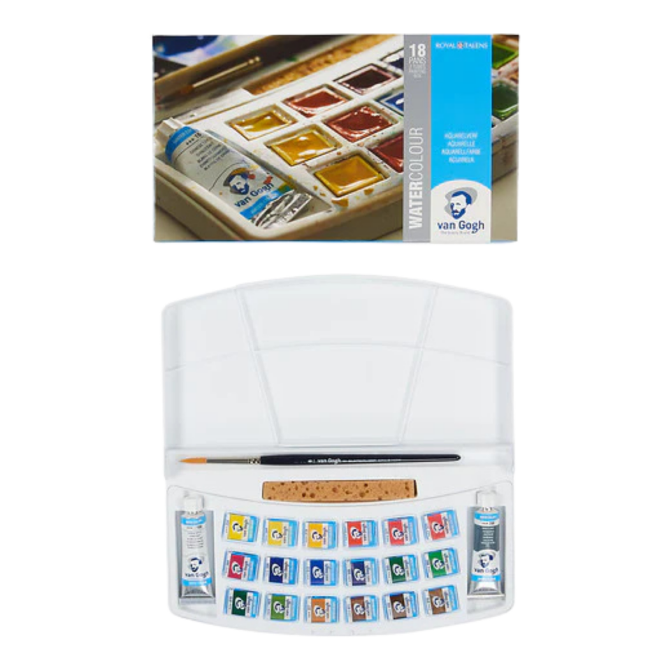 Van Gogh Suluboya Plastik Kutu Seti | 18 Yarım Boya Kabı + 2 X 10 Ml Tüp